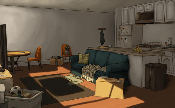 An illustration of an apartment living area with a dining table, tv, couch, and kitchen. Bright morning light comes from the window. The apartment looks a little rundown and cluttered.