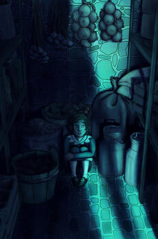 A full color illustration in mostly blue and teal tones featuring a young boy in a pantry. The boy is sitting on the floor amongst bags of food. He looks up, surprised and afraid as light from an opening door illuminates him. The shadow of a person is seen