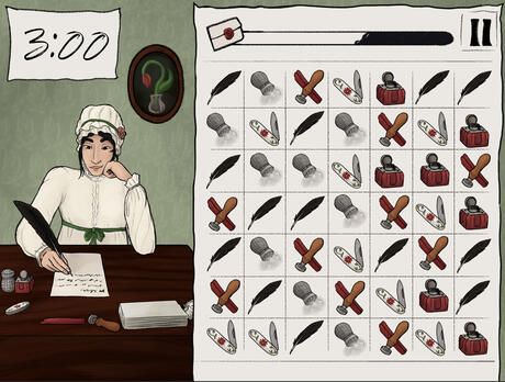 A main page for a match 3 game, on the left the main character in a regency nightgown writting a letter. On the right, the game page which is a paper, all the matching items are tools for letter writing.