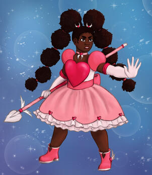 An illustration of a magical girl posed with one hand out and the other holding a spear. She wears a pink outfit with a large heart on the torso, she has dark skin and very large bubble braids.