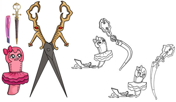 Designs of two characters which are anthropromophized objects. A cute pink box cutter, and a fancy gilded pair of scissors. The box cutter is cute, young, and evil. The Scissors are older, and refined.