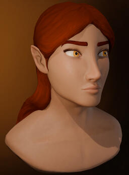 A 3d model bust of a young elven man with red hair and yellow eyes.