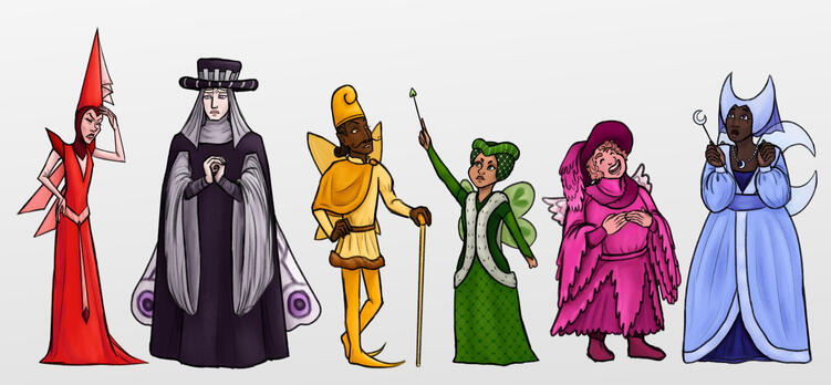 A lineup of 6 characters, all fairies dressed in a late medieval style. They are each represented by one main color, red, black, yellow, green, pink, and blue.