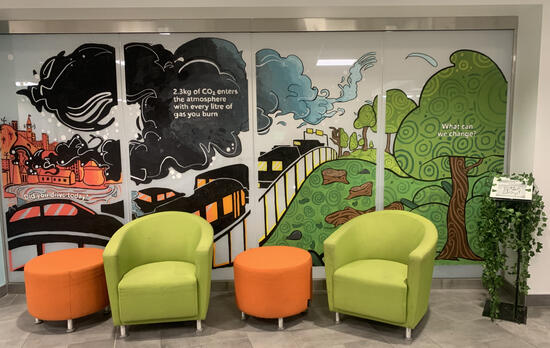 A mural depicting the transition from smog polluted cities to clean aired forests. Words on the mural say: "Did you drive today? 2.3kg of CO2 enters the atmosphere with every litre of gas you burn. What can we change?"