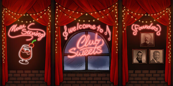 A jazz club with curtains and string lights. On the left wall a neon sign that says 'Now serving' with a cherry rum. On the window a neon sign that says 'Welcome to Club Sweets'. On the right a neon sign that says 'Founders' with pictures of Tchaikovsky, D